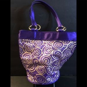 Purple/Gold Satin Cosmetic Bag w Two Handles; Plastic Lining; NWOT